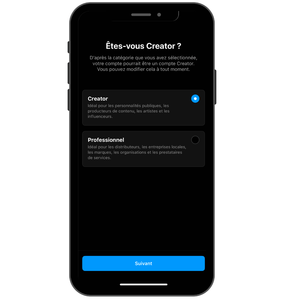 Huitième étape d'un compte pro Instagram : Creator ou professionnel ?