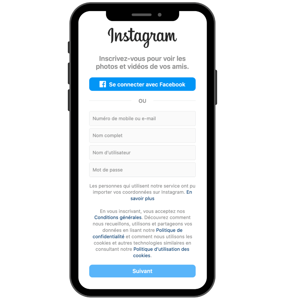 1ère étape de la création d'un compte professionnel Instagram : Inscription